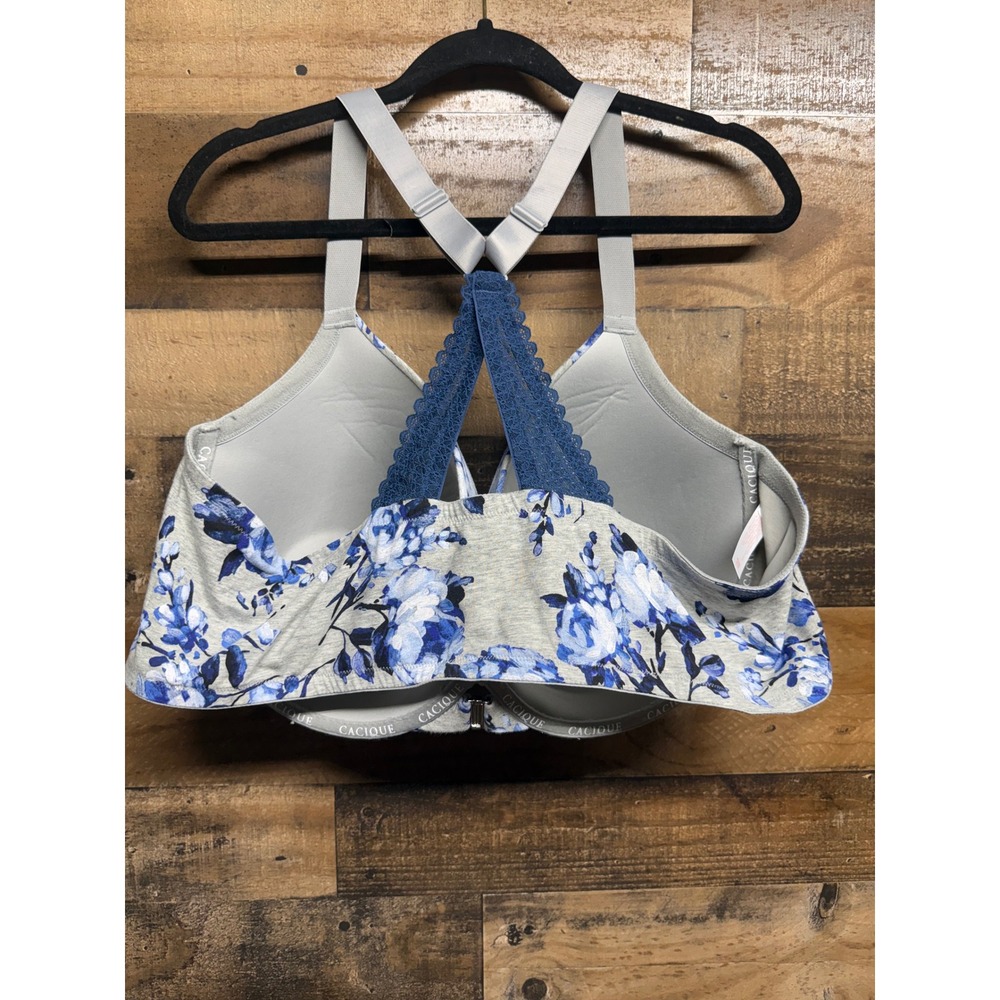 Cacique Boost Plunge Front Close Racerback Bra Blue Floral Gray 48DDD - Picture 3 of 7